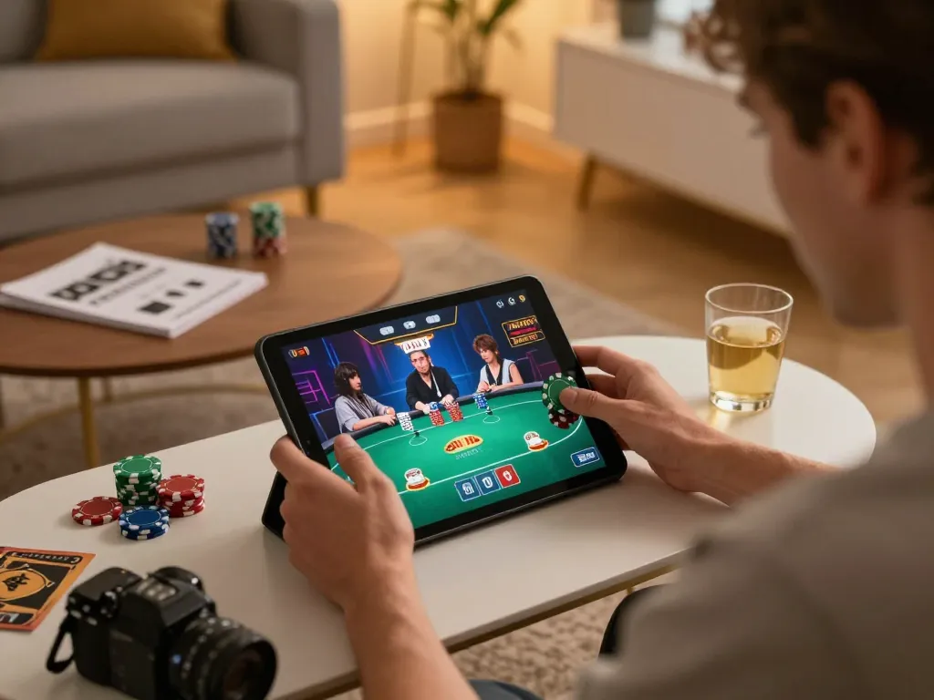 Engaged player enjoying a poker game on rr88co tablet with exciting action displayed.
