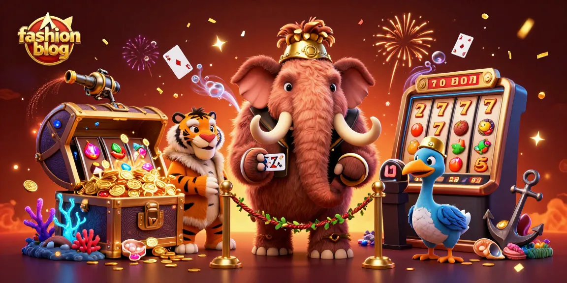 Engaging fashion blog scene featuring vibrant casino characters with slot machines and festive decor.