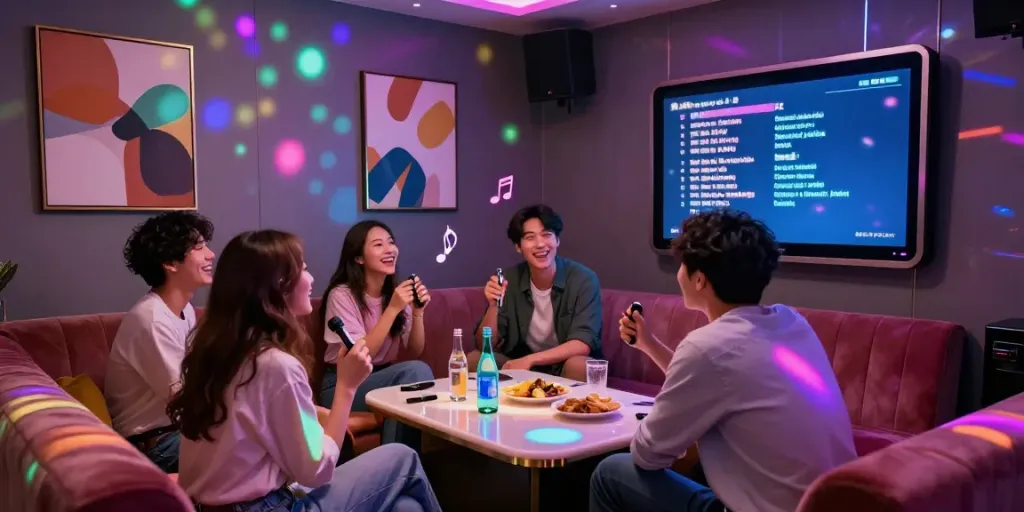 강남 달토에서 친구들과 함께 즐기는 카라오케 장면