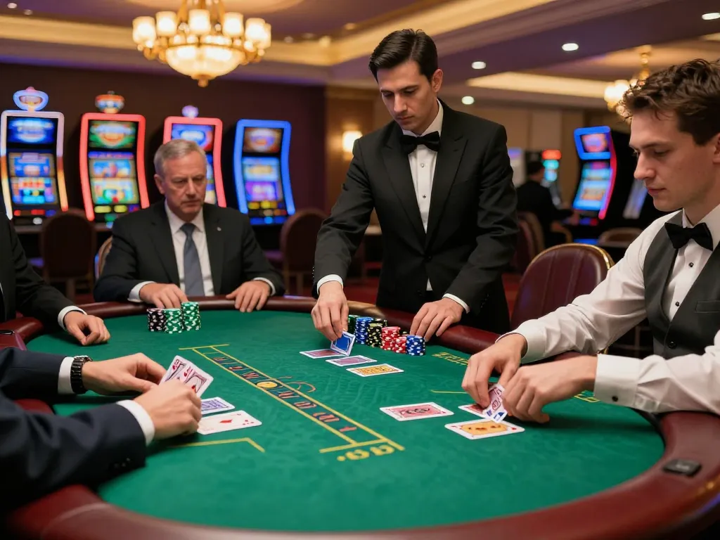 onbet players engaging in a tense blackjack game at a luxurious casino table