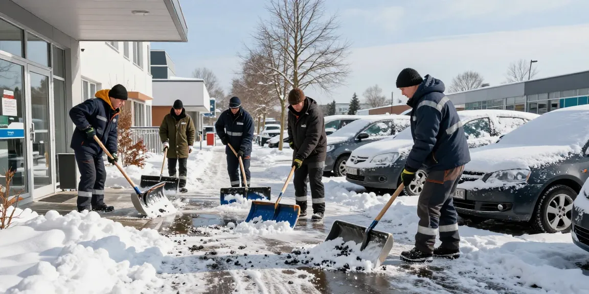 Schneeräumen Firma in Dortmund, Team beim Schnee räumen vor einem Geschäft auf einem sonnigen Wintertag