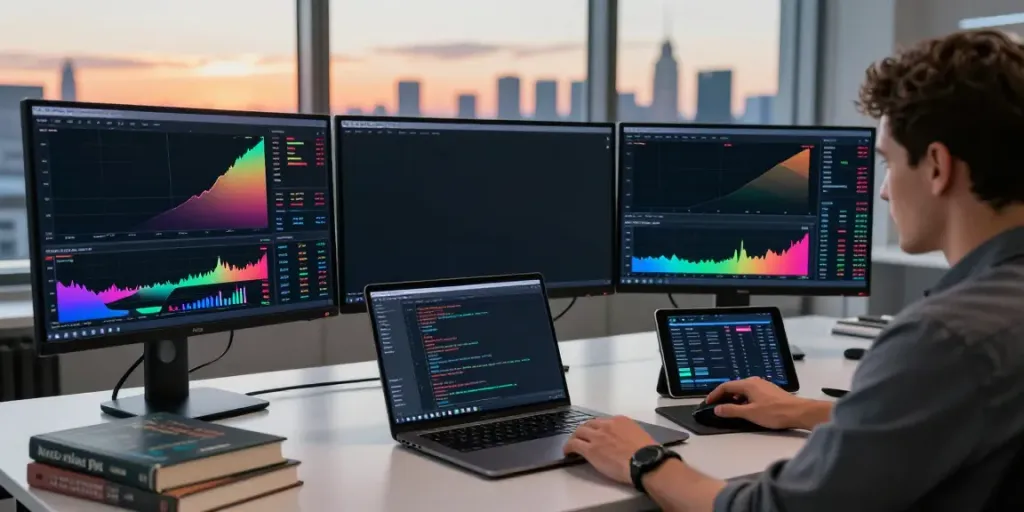 Trader using MetaTrader 5 platform for financial market analysis with multiple screens, books, and city skyline.