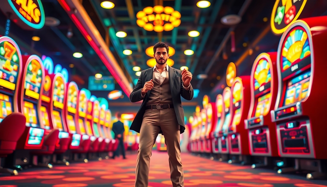 Vegas hero stands boldly amid flashing casino lights and exciting ambiance.