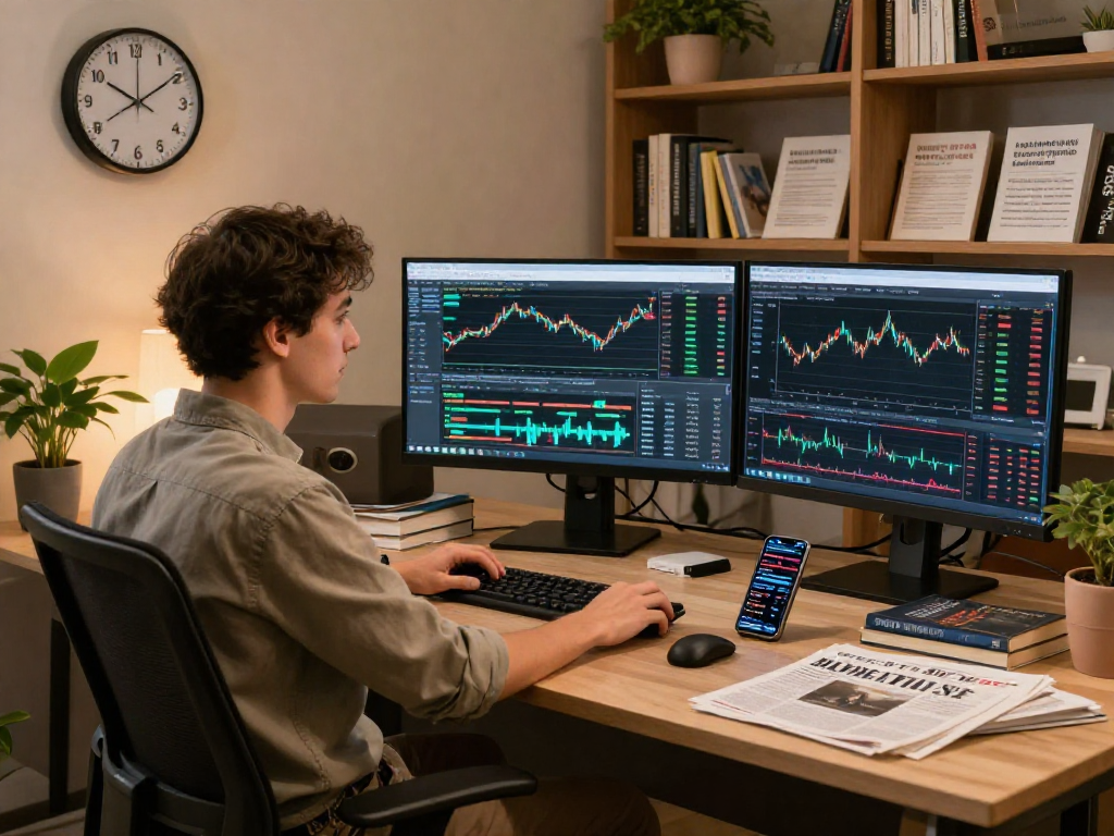 Trader analyzing market trends on metatrader 5 in a modern workspace.