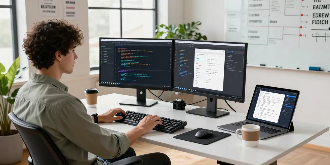 Developer in a modern workspace using crush ai software with coding monitors and a creative atmosphere.
