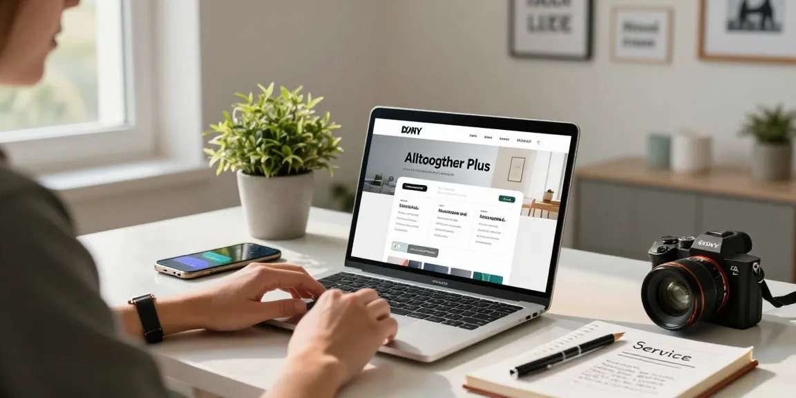 Self-employed individual updating service profile on Alltogether Plus in a stylish home office.