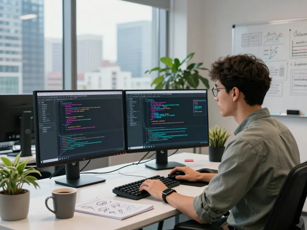 Developer utilizing an image to prompt generator in a modern tech workspace with dual monitors and code.