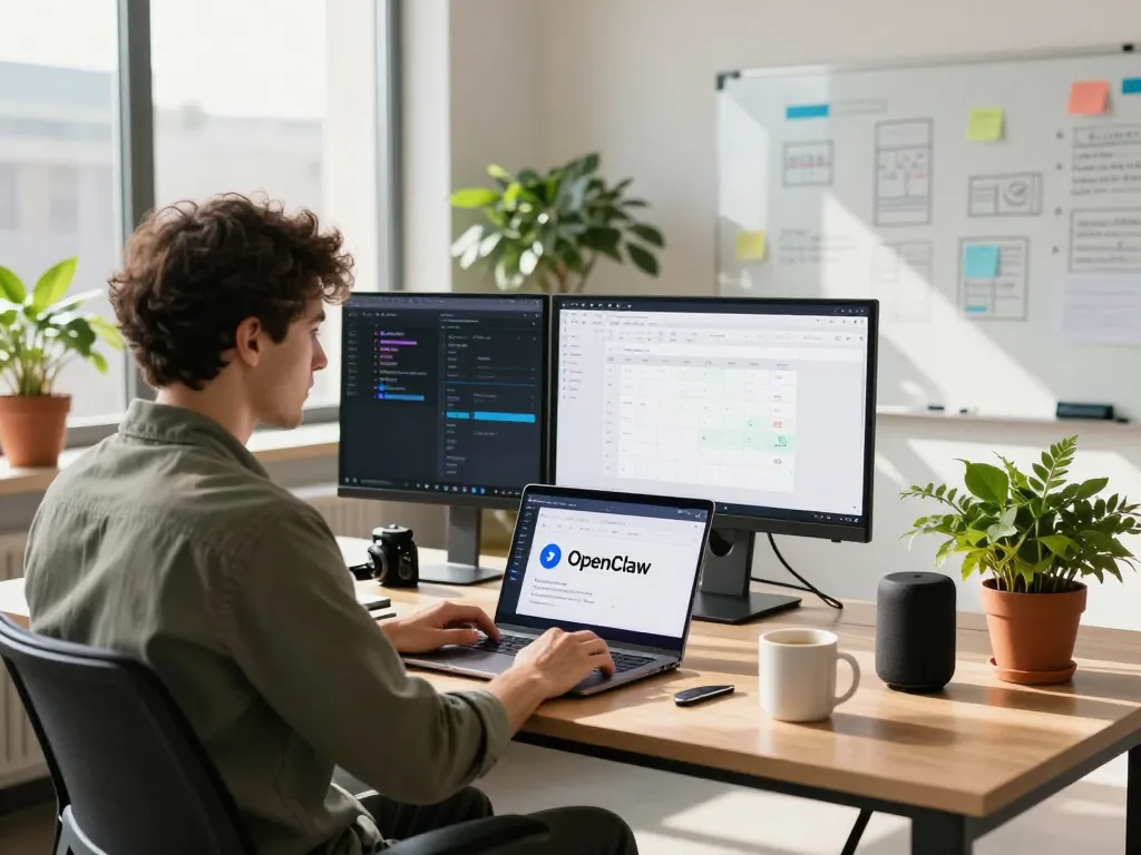 Software developer using OpenClaw AI assistant for task automation in modern workspace