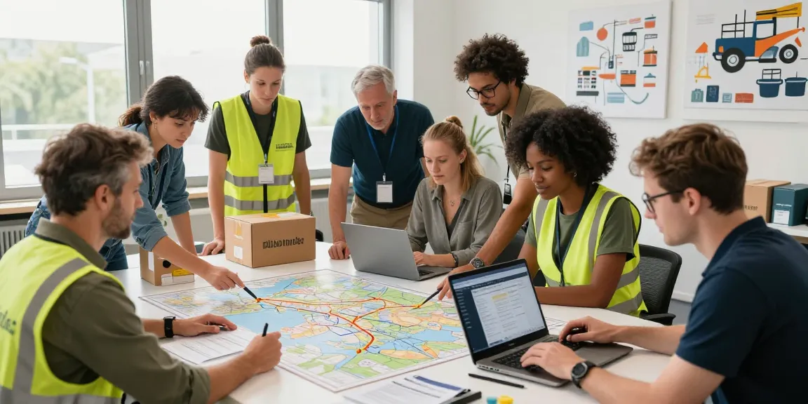 Hilfsgütertransport von Dortmund: Logistikteam plant humanitäre Transporte mit modernen Geräten und Karten, engagierte Atmosphäre