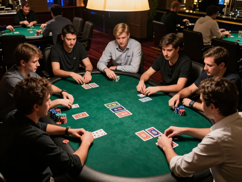 Players strategizing and placing bets at a poker table in O8 casino, showcasing competitive gaming environment.