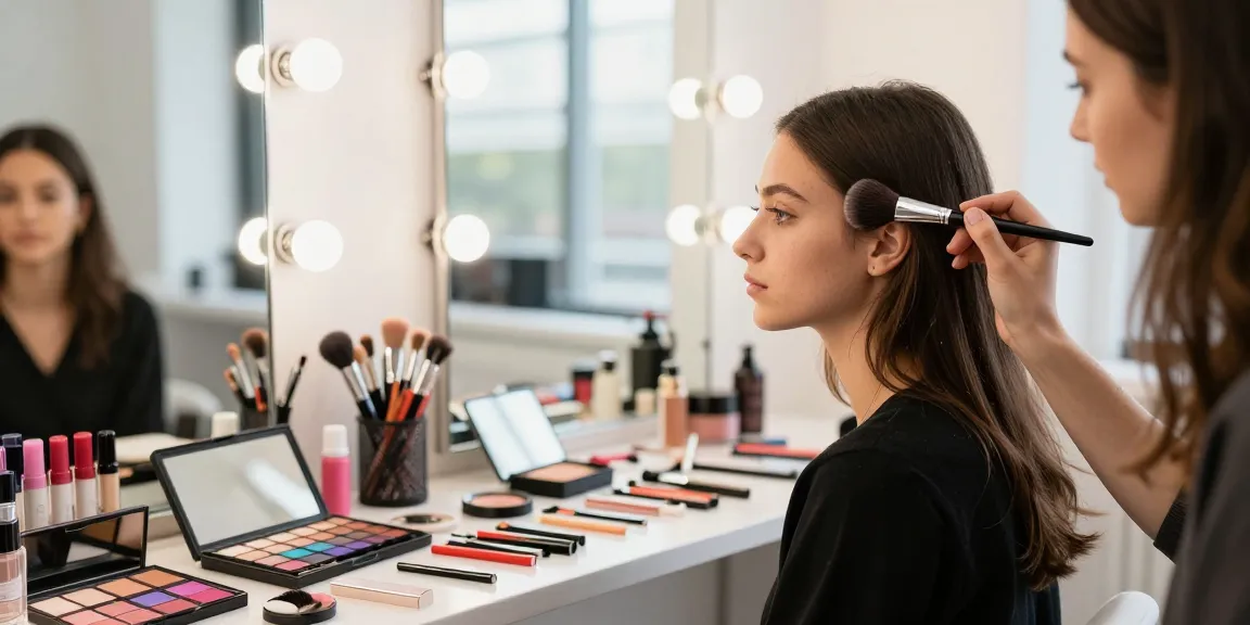 Applying makeup with makeup blending brushes in a chic beauty studio.