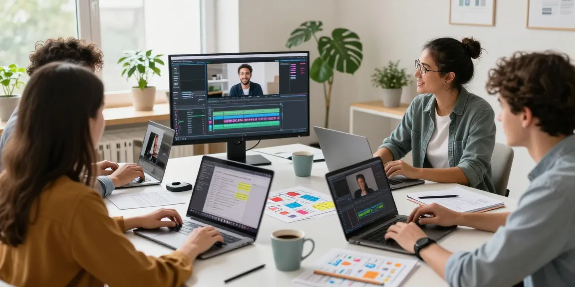 Online video production certification course in action, with diverse students engaged in video editing, showcasing creativity in a modern home office.