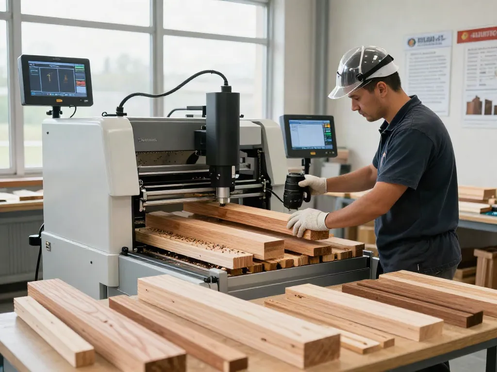 SHASHEL® technician operating microwave wood treatment equipment in a bright workshop setting
