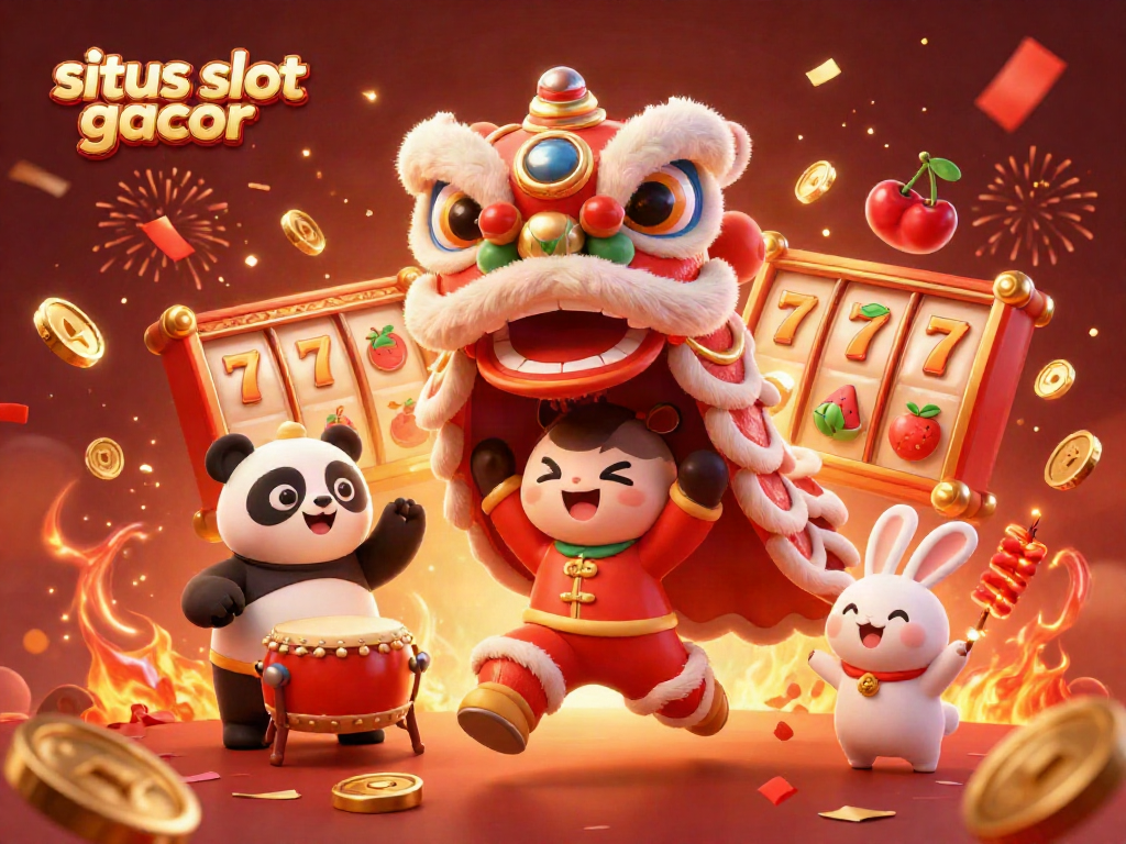 Celebrate wins on situs slot gacor with vibrant 3D lion dance and slot reels in a festive casino atmosphere.