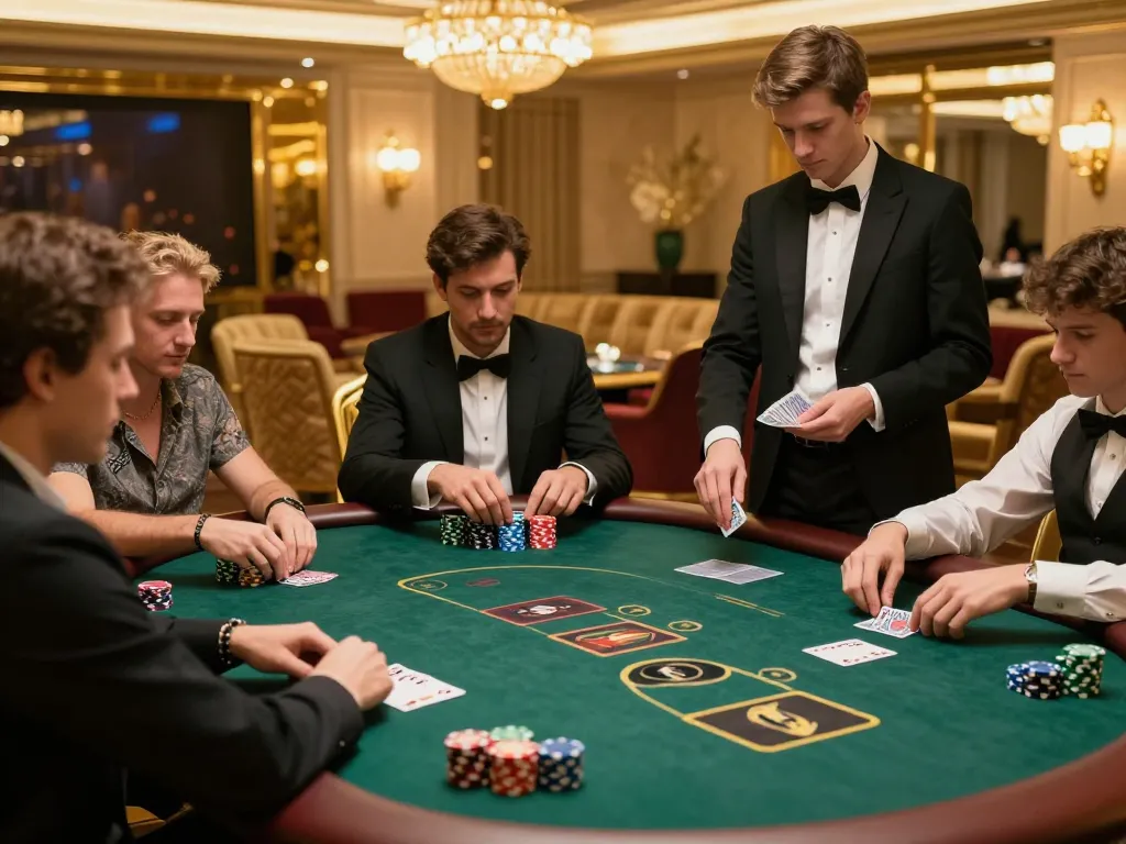 Players enjoying high-stakes poker in an upscale SV368 casino, showcasing a luxurious atmosphere.