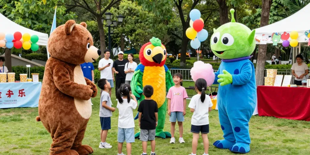 Children posing with mascot costumes at a vibrant outdoor festival.