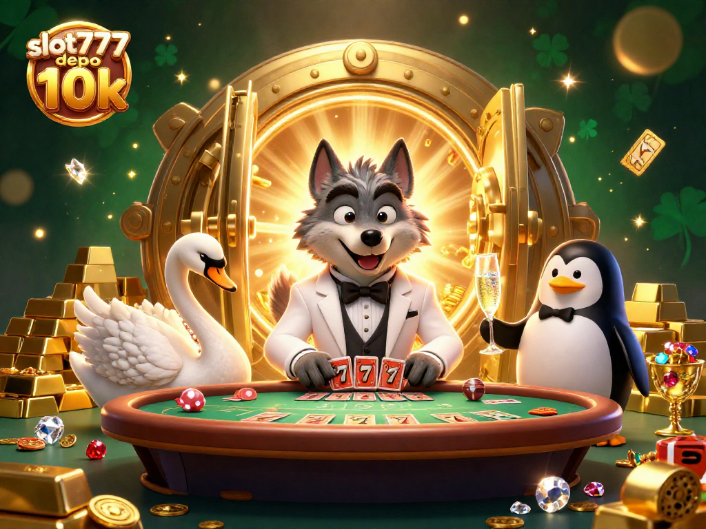 Spin and win with slot777 depo 10k, featuring a lively 3D casino scene filled with treasures.