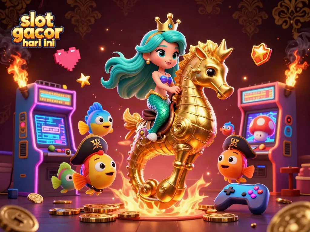 Slot gacor hari ini: Ilustrasi 3D putri duyung mengendarai kuda laut emas dalam suasana kasino yang meriah.