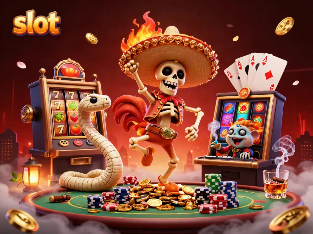 Slot dan jackpot, skeleton mariachi dengan koin emas, mumi ular, dan hamster DJ dalam latar permainan kasino.