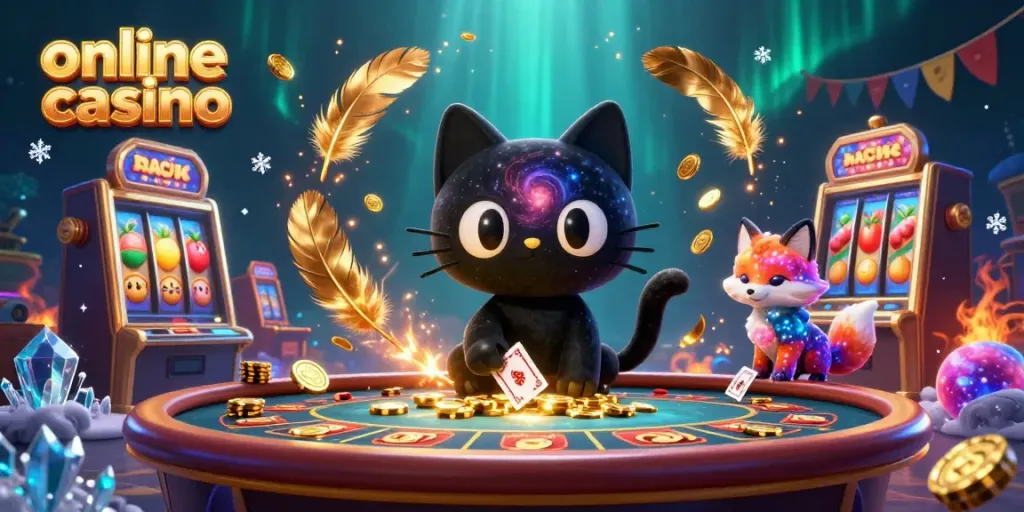Engage in an online casino adventure with a cosmic black hole cat and a nebula fox as they pull in golden chips and cards.