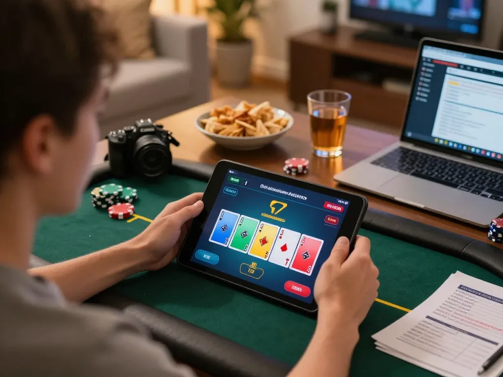 A person engaging in an online poker game on 79KING platform while seated in a cozy living room