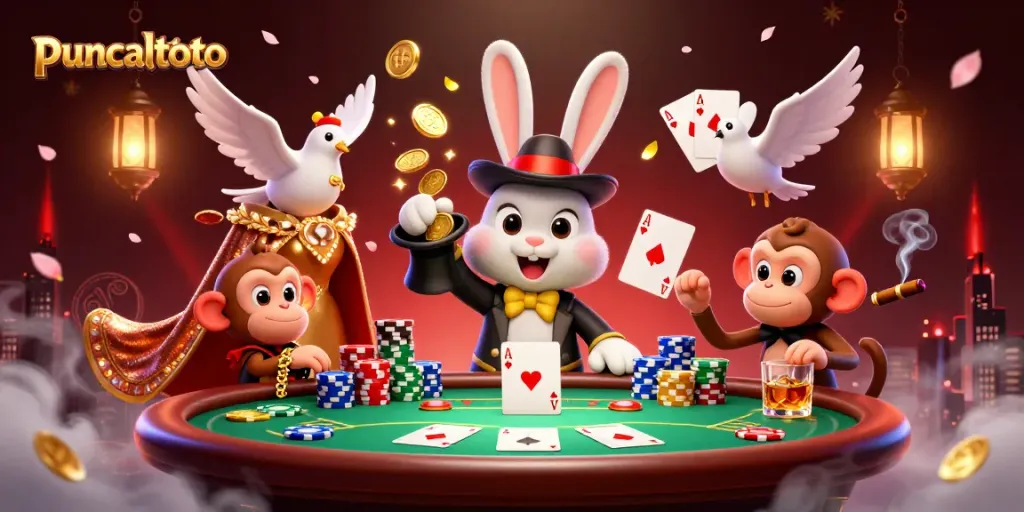 Puncaktoto menghadirkan ilustrasi kasino 3D menarik dengan karakter imut dan elemen permainan.