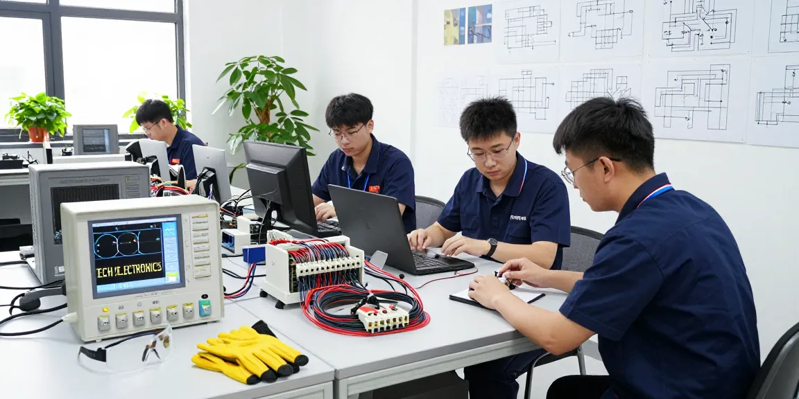 Engineers collaborating on IEC connectors in a modern workshop