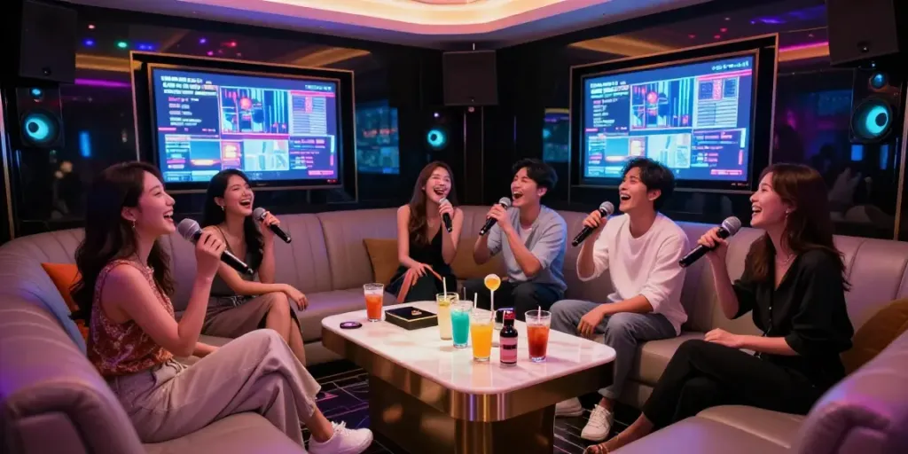 강남의 고급 가라오케에서 즐거운 노래를 부르는 친구들, 달토의 밝고 세련된 분위기