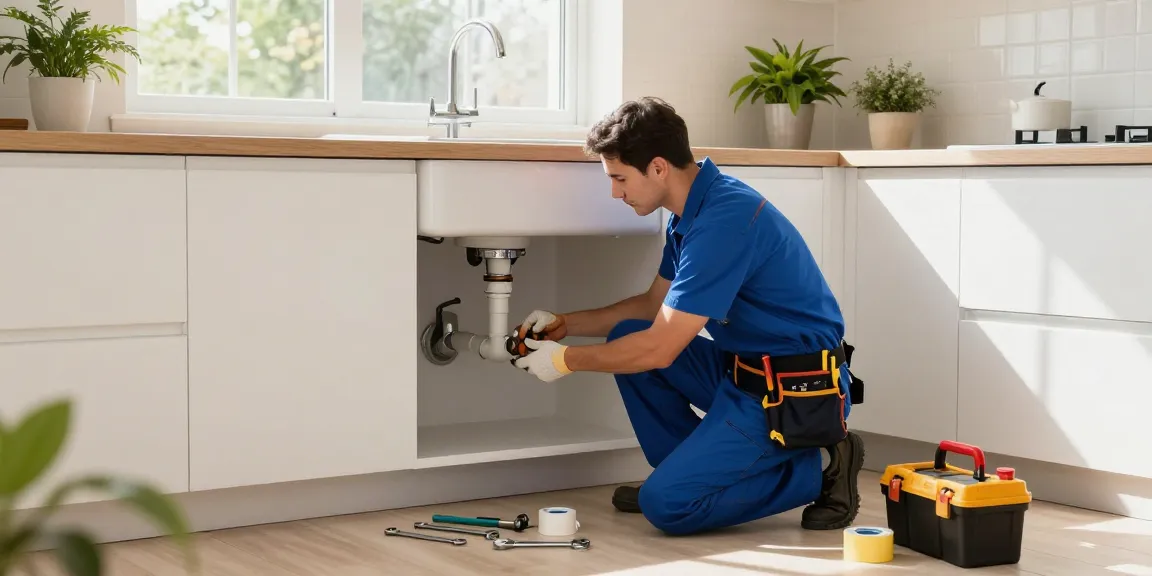 Experienced plumber fixing a leak under the sink, showcasing plumbing services near me.