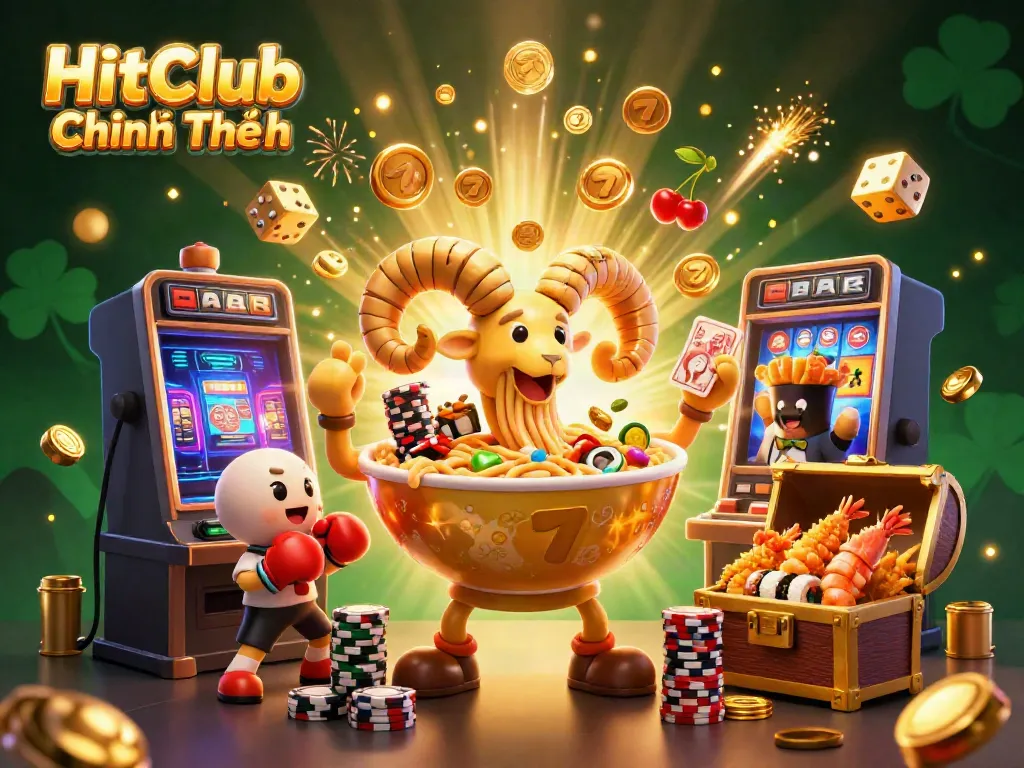 Engage with HitClub Chính Thức through an exciting casino scene featuring a giant golden ramen bowl and vibrant game elements.