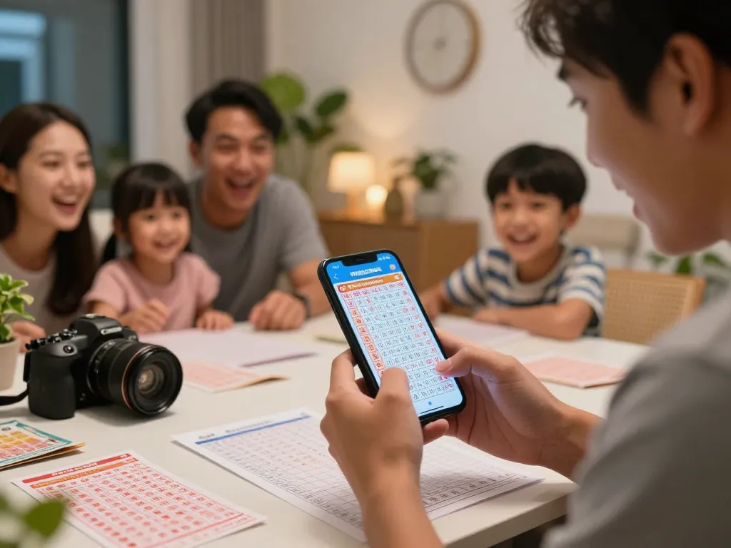 Excited family checking Pengeluaran HK lottery results on mobile device in cozy living room.