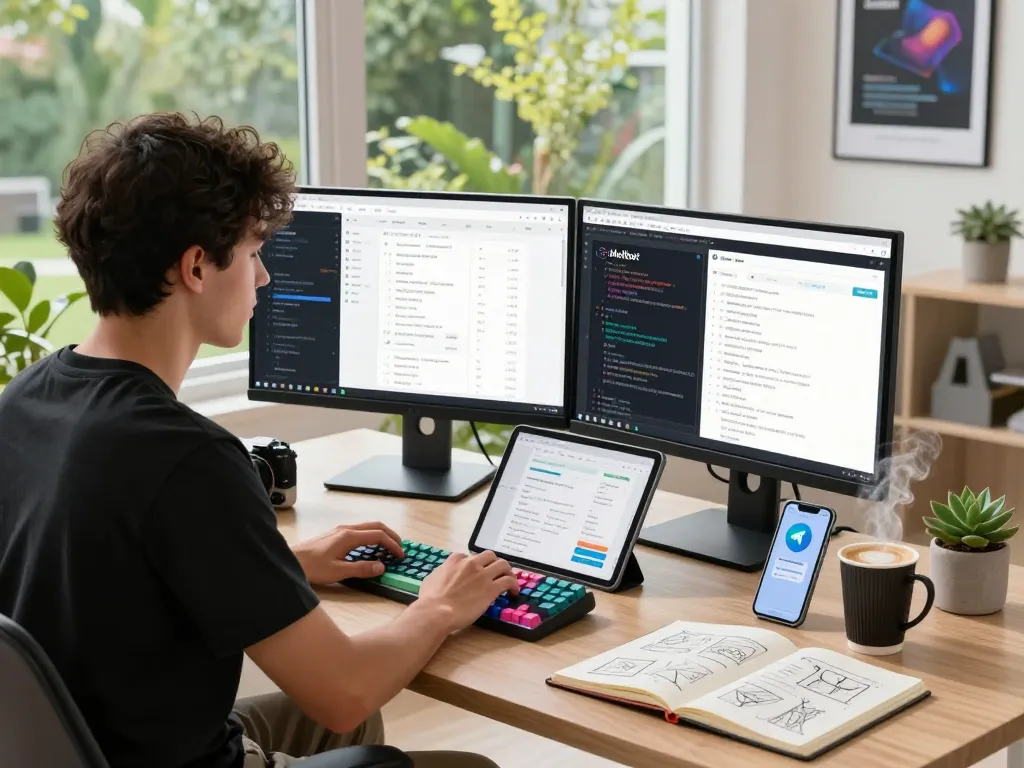 Moltbot AI enhancing productivity in a modern workspace with a developer coding, dual monitors, and tech tools.
