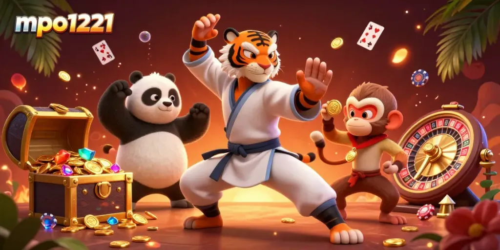 The tiger master displays a winning crane stance in the mpo1221 online casino scene, surrounded by floating cards and coins.