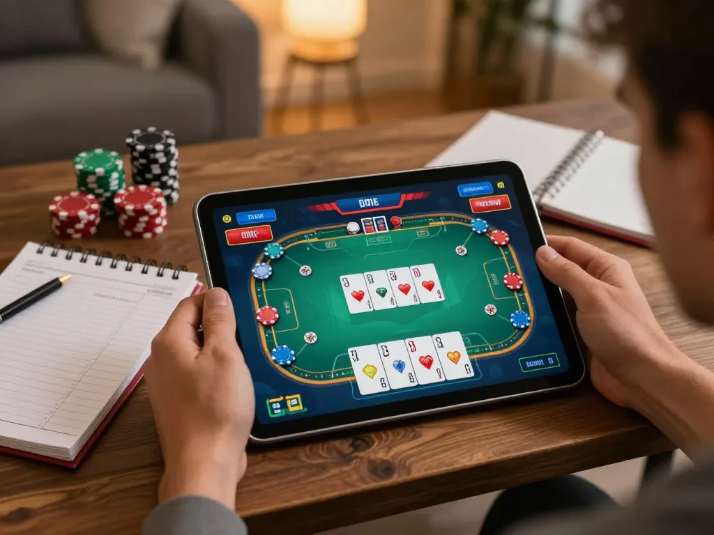 vaobet online poker strategy session with tablet showing game interface and budgeting tools