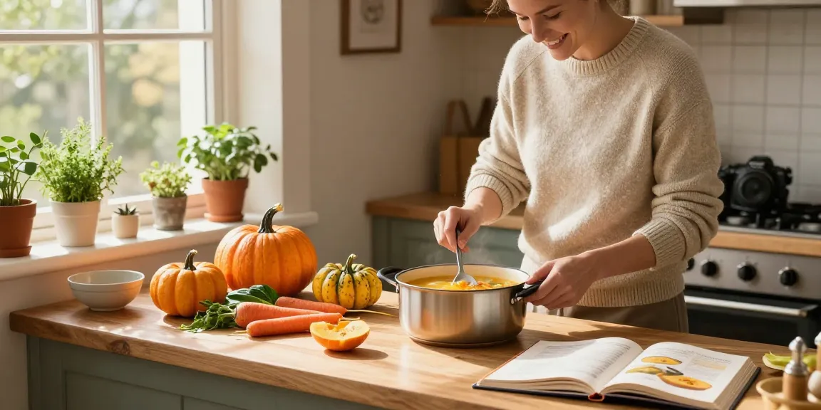 Genießen Sie den Moment, während Sie Suppe kaufen, mit einem Koch, der eine köstliche Herbstsuppe in einer warmen Küche zubereitet.
