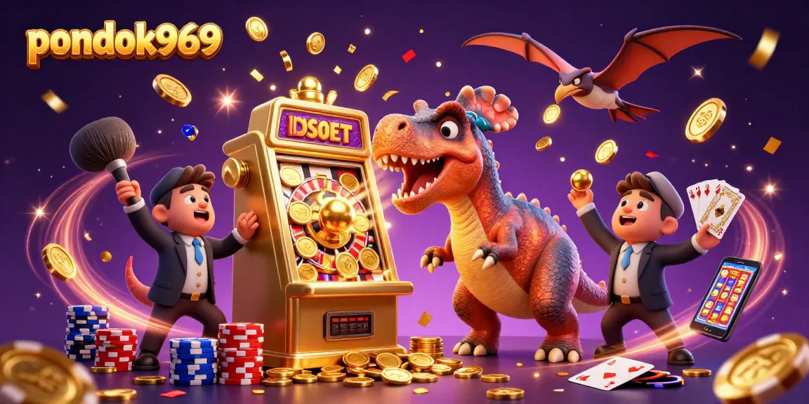 Pondok969 captivates players with a dynamic scene of a pachycephalosaurus hitting a slot machine for a jackpot.