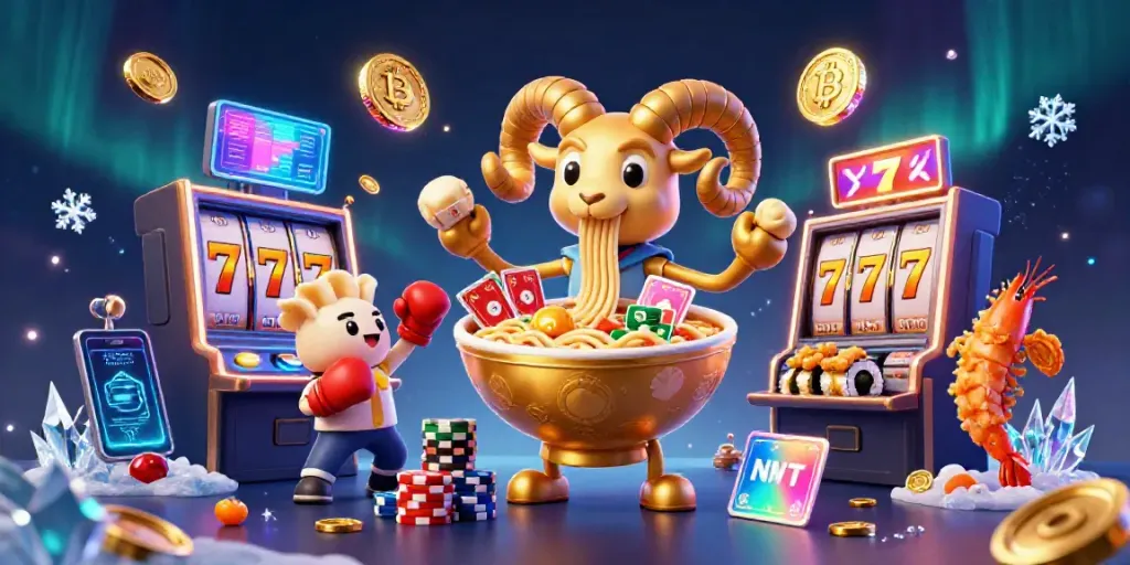 Spin the slot machine and win with vibrant characters and crypto elements in this dynamic casino scene.