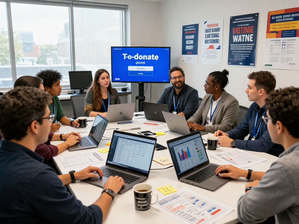 Using text to donate for campaigns, a political campaign team collaborates in a vibrant office.