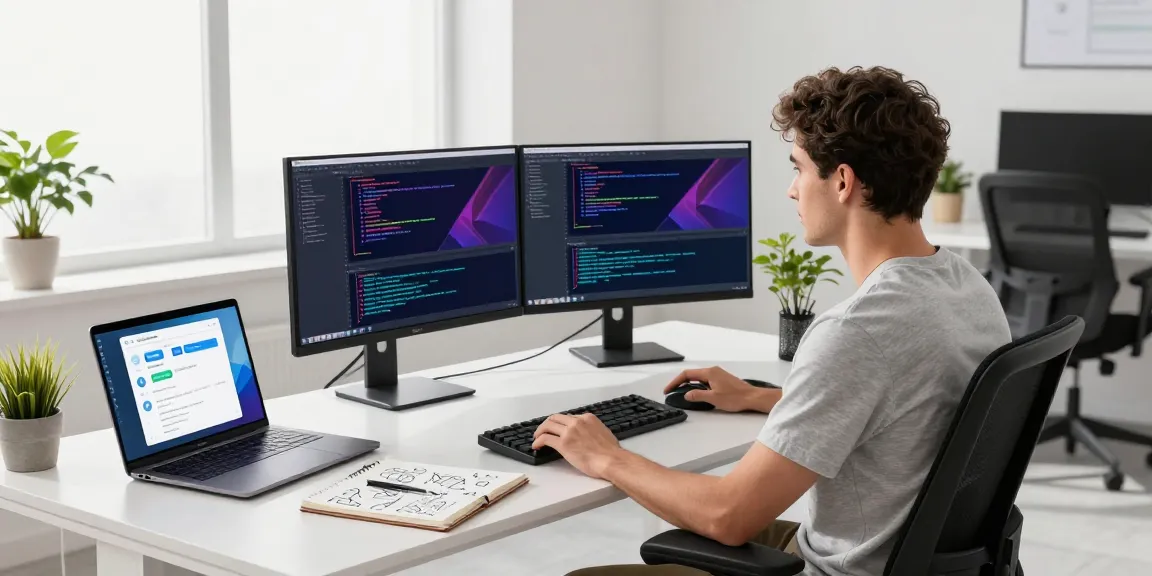 Engaged developer at a modern workspace showcasing telegramin-cn.com on a dual-screen setup, symbolizing tech productivity.