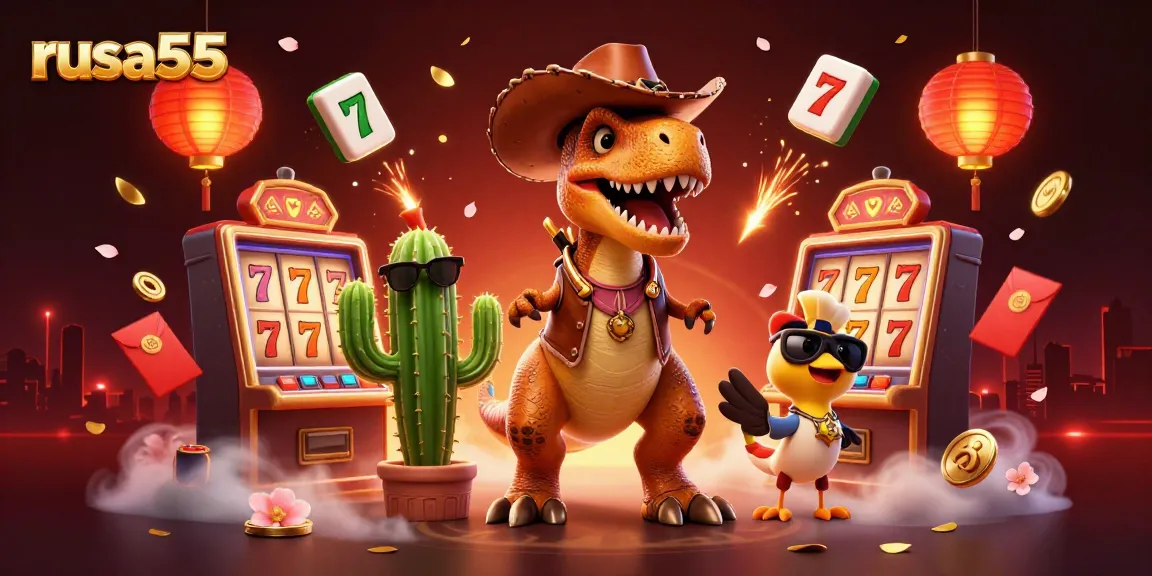 Engage with rusa55's vibrant online casino scene, featuring slot machines, colorful characters, and dynamic action elements.