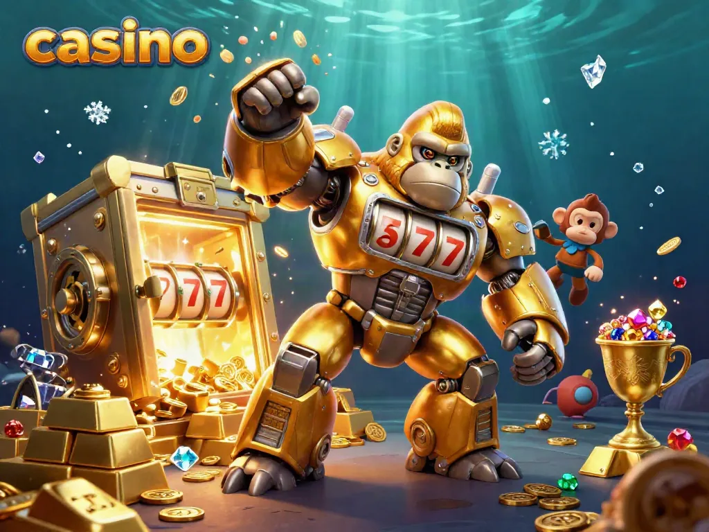 Experience thrilling casino action with a dynamic golden gorilla mech and treasure effects.