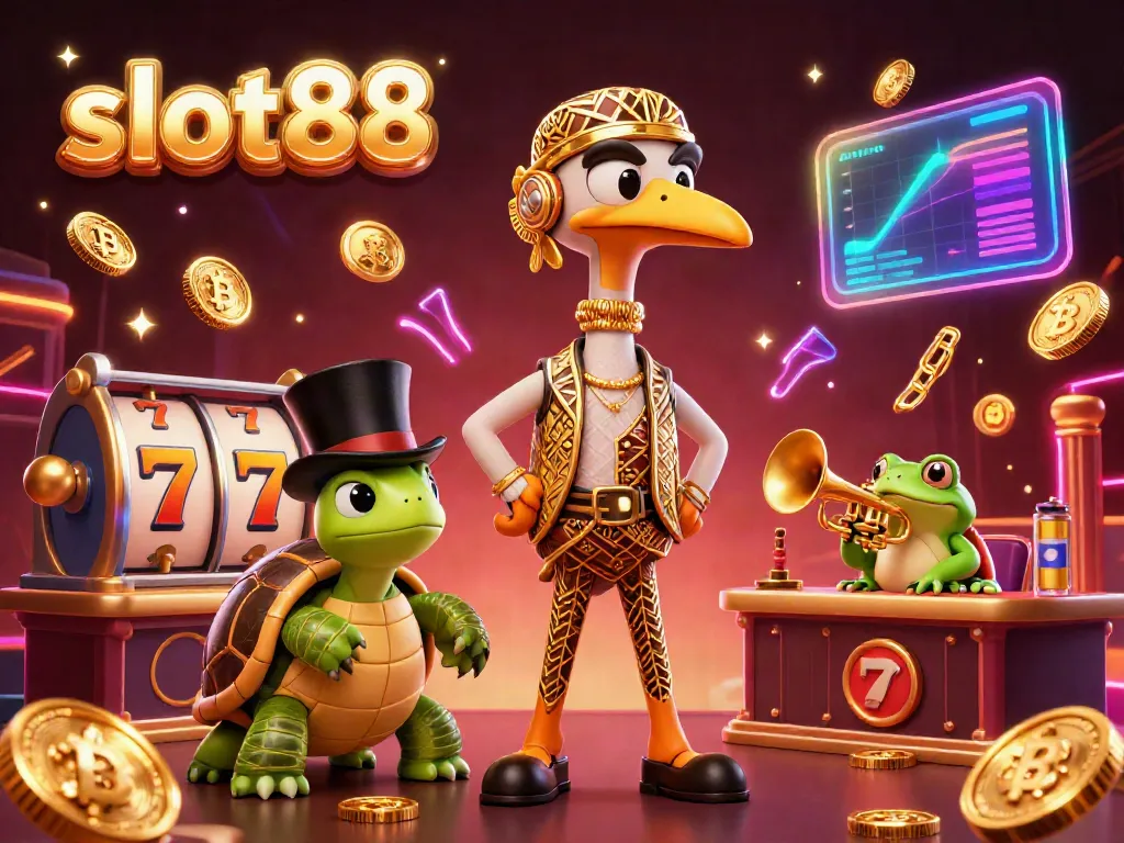 Engage with slot88's vibrant casino scene featuring a crane, turtle, and frog amidst dynamic gaming elements.