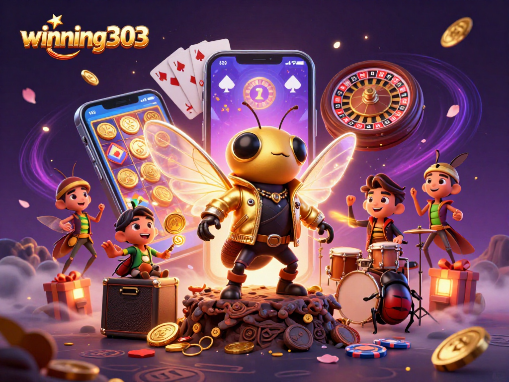 Winning303 slots and games come alive in a vibrant 3D casino illustration with rock star characters.
