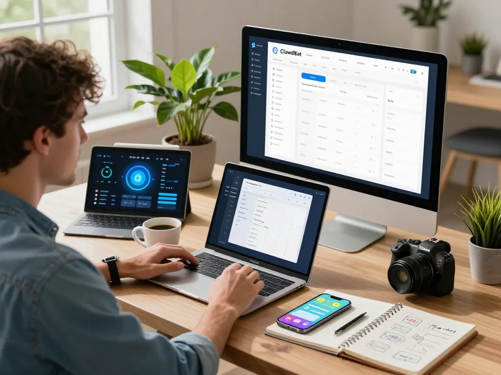 Engaging with Clawdbot AI in a modern home office, user managing tasks effectively.