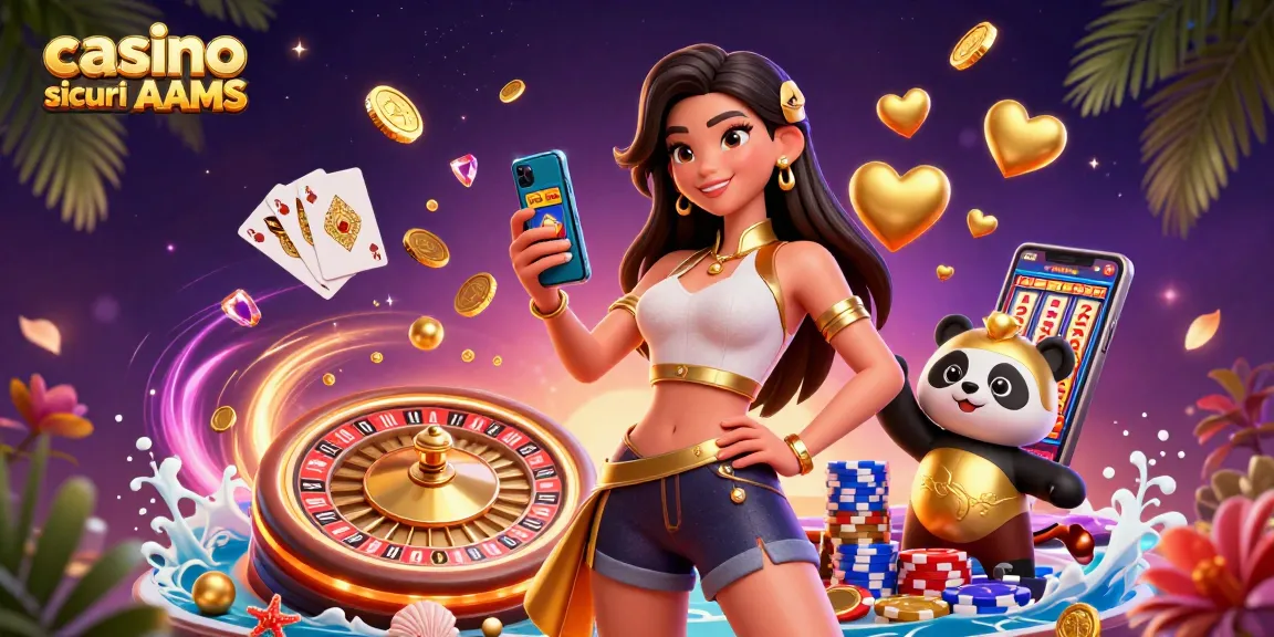 Una cascata di elementi vivaci dai casinò sicuri non AAMS, con una donna che tiene uno smartphone in un ambiente di gioco vivace.