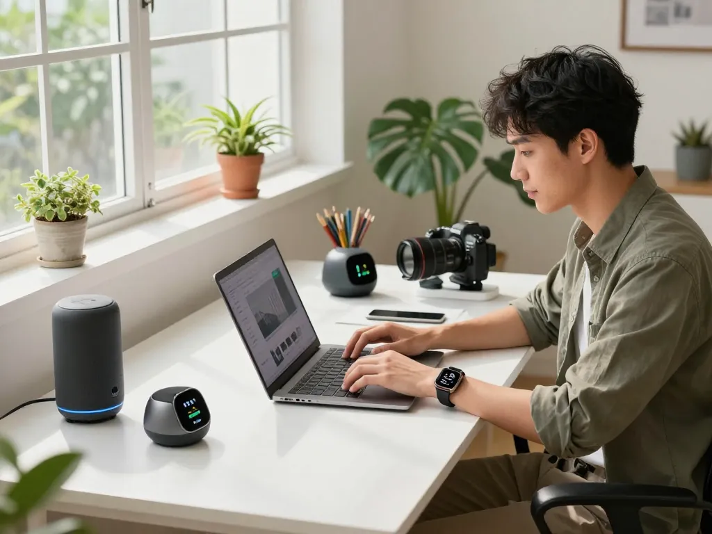 Must have tech gadgets displayed in a modern workspace with a professional using technology.