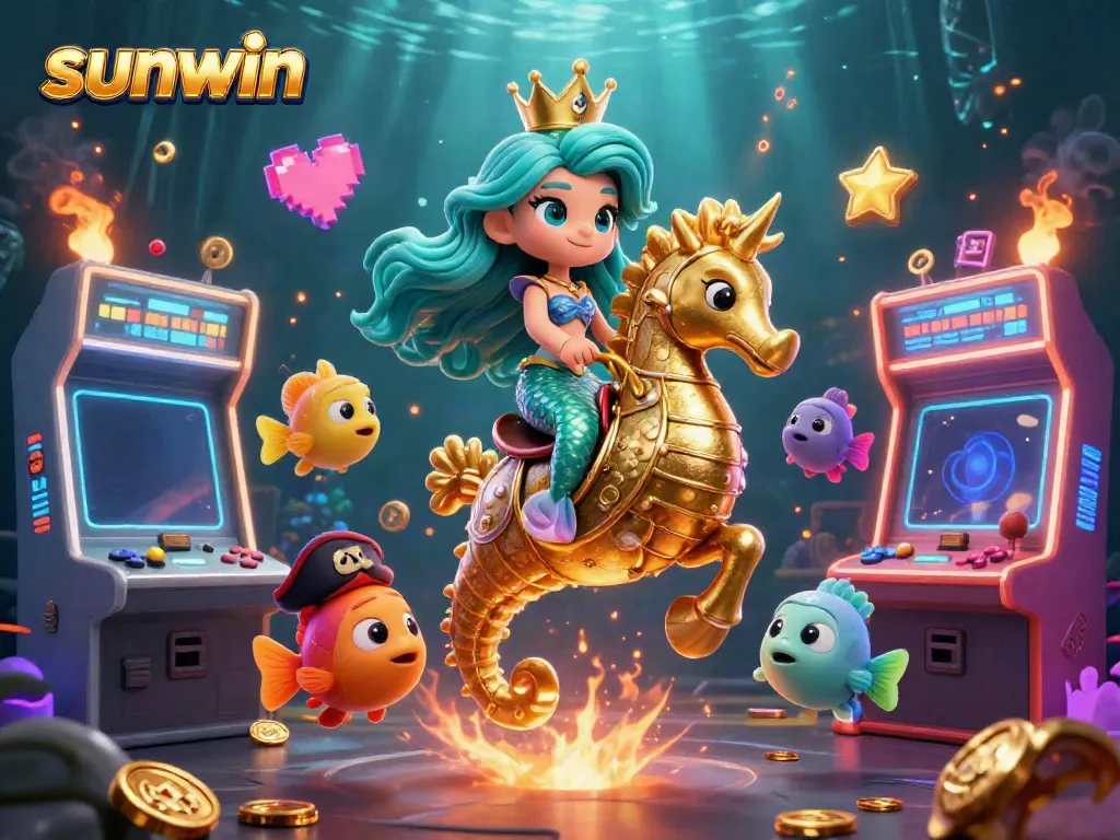 Experience thrilling gameplay at sunwin, with a lively underwater scene featuring vibrant characters and dynamic casino elements.