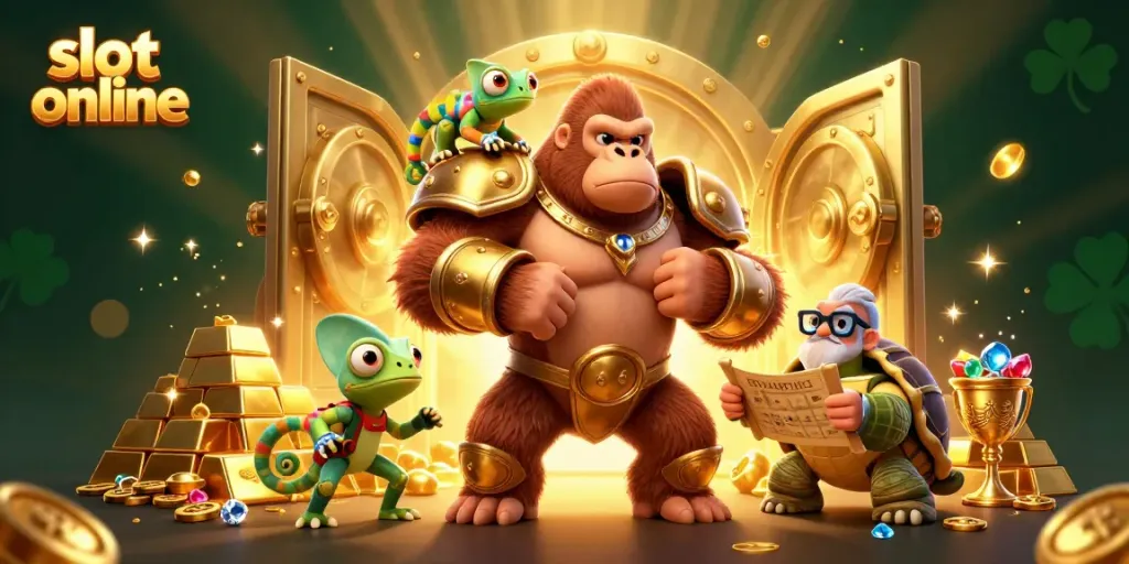 Experience exciting gameplay with slot online in a vibrant 3D casino scene featuring a powerful gorilla king and treasure.