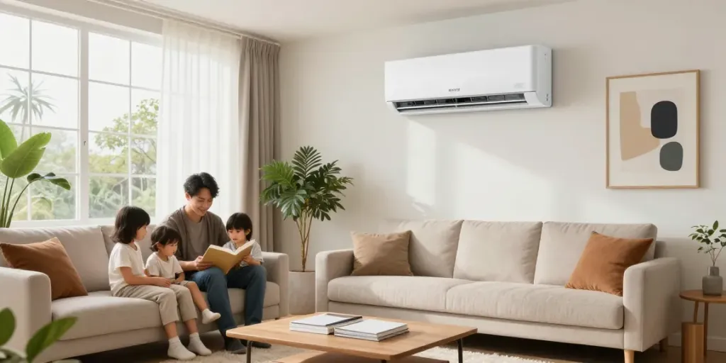 Family enjoying a comfortable living room with an 18k BTU mini split air conditioner.