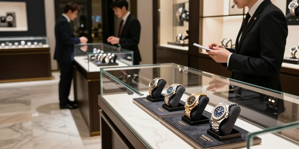 Showcase of replica watches including Rolex and Audemars Piguet in a luxury retail setting.